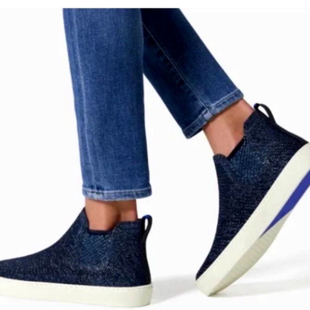 Rothy’s Chelsea High Top Sneakers Ankle Boot in Blue Metallic Lattice Stitch 9